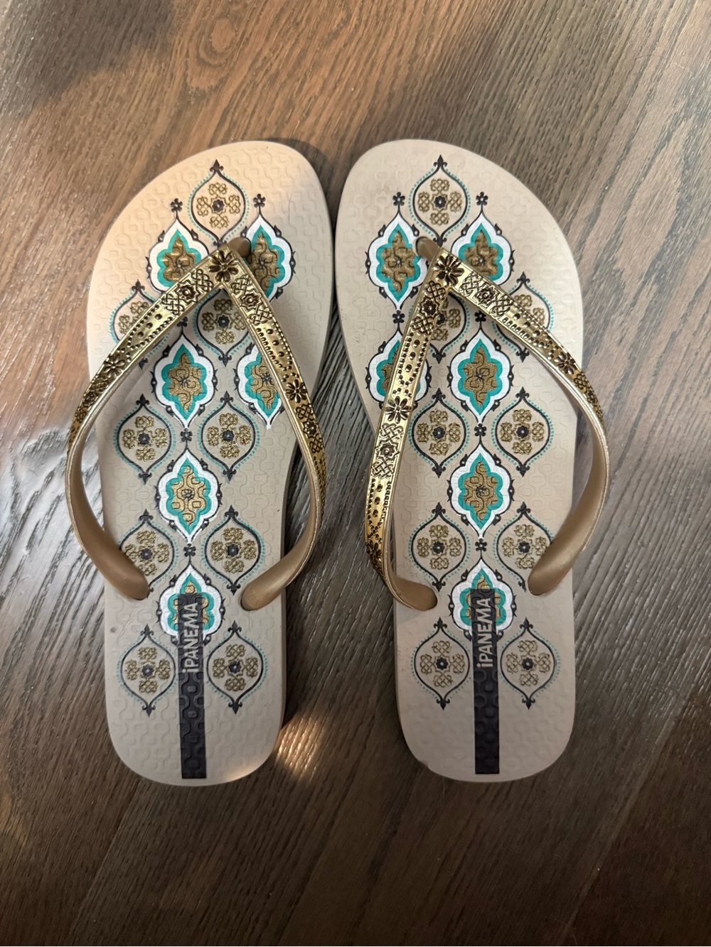 Ipanema Women's Beige Sandals with Gold Straps and Turquoise Accents